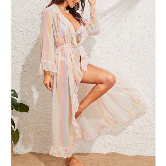 NWOT Rainbow Pastel Kimono Long Robe Coverup - Picture 8 of 10